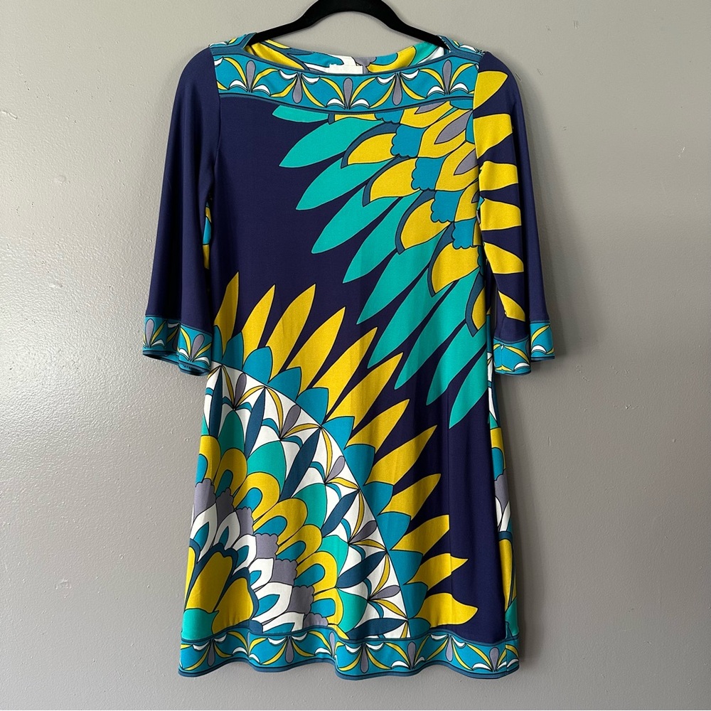 Donna‎ Morgan Straight Collar 3/4 Sleeve Shift Dress | Blue Teal Yellow